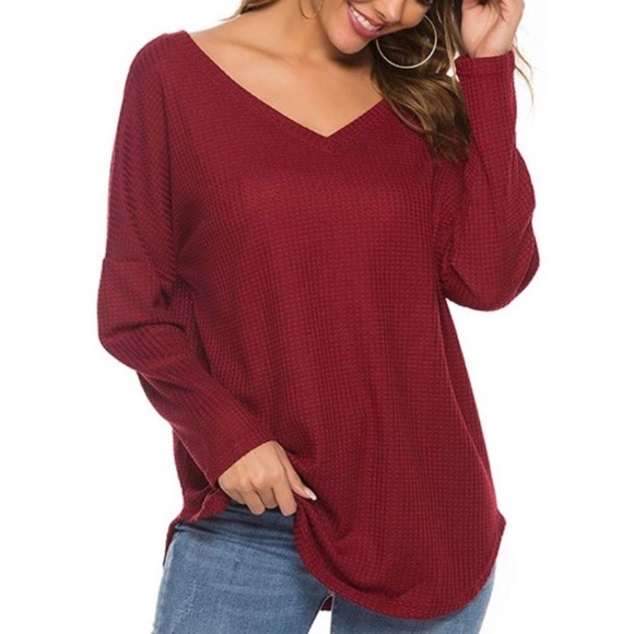 LuckyMore Tops - NWT Wine Red Off Shoulder V-Neck Waffle Knit Shirt!